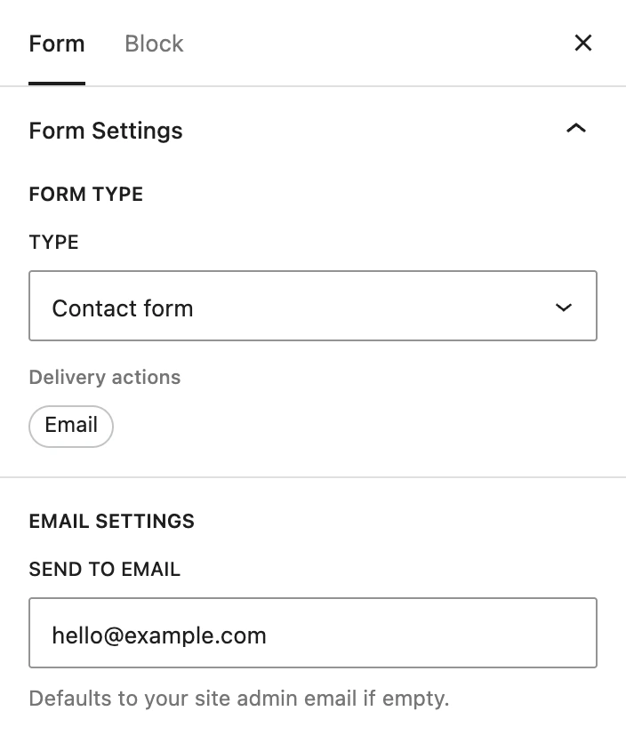Form Settings for Acme’s wholesale enquiry, delivered by email to hello@example.com