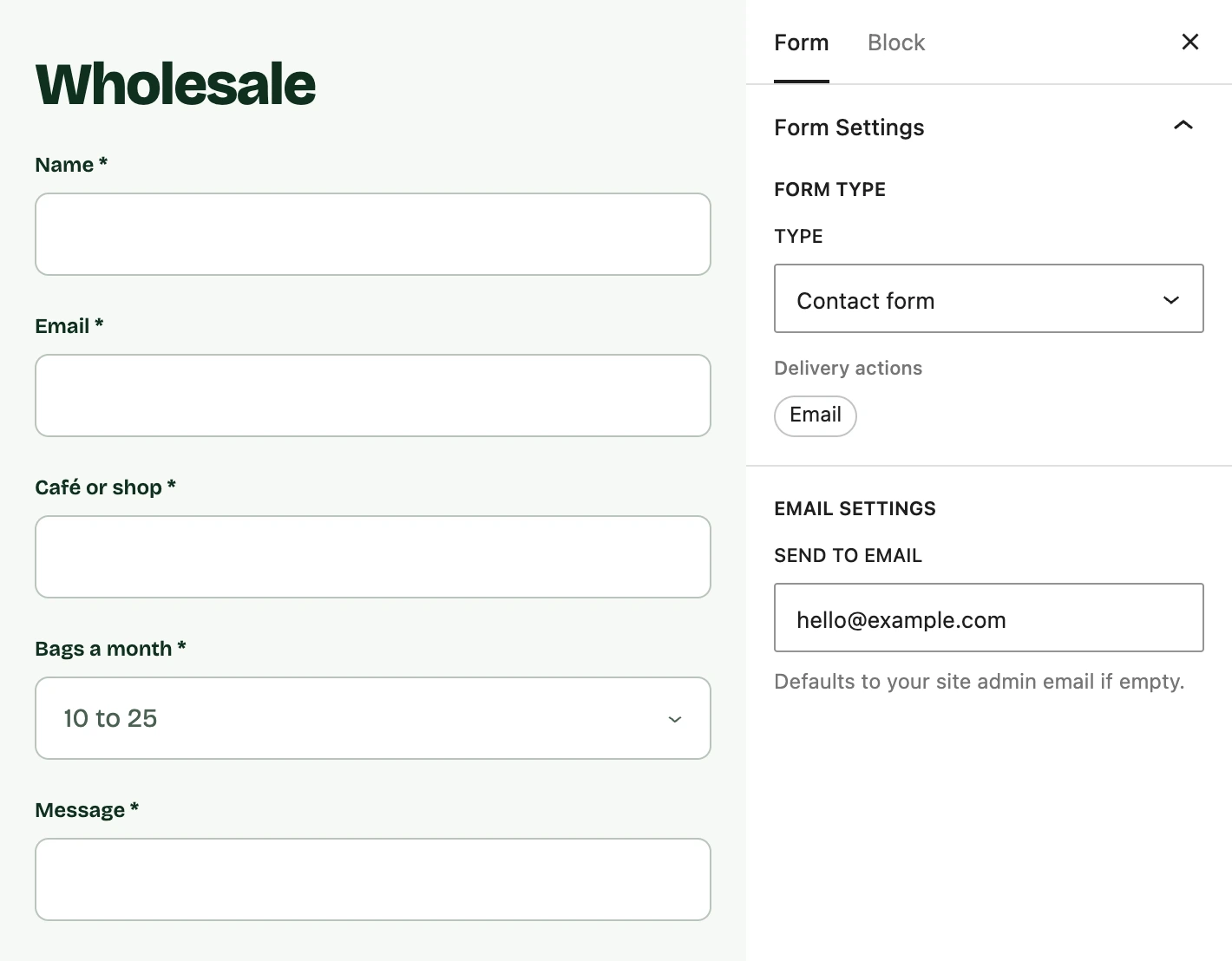 Acme’s wholesale enquiry form built from field blocks, with Form Settings sending submissions to hello@example.com