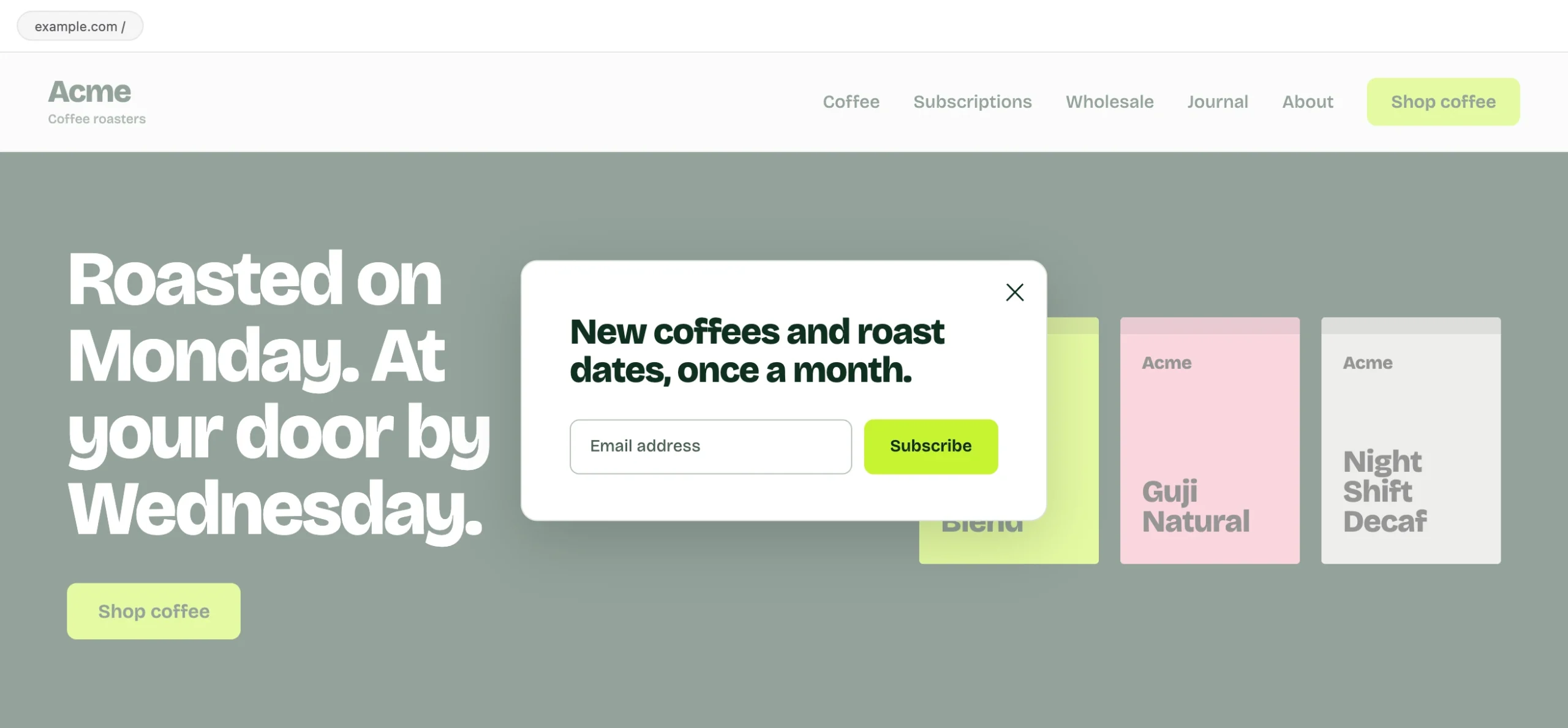 A newsletter popup open over Acme’s home page, with an email field and a Subscribe button