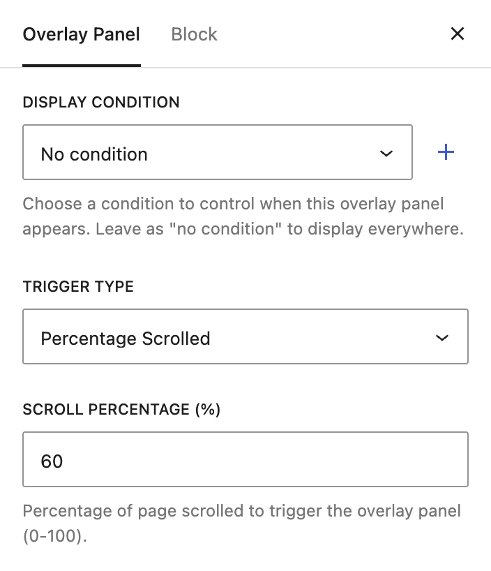 The newsletter popup’s Overlay Panel Options: it opens once 60% of the page is scrolled