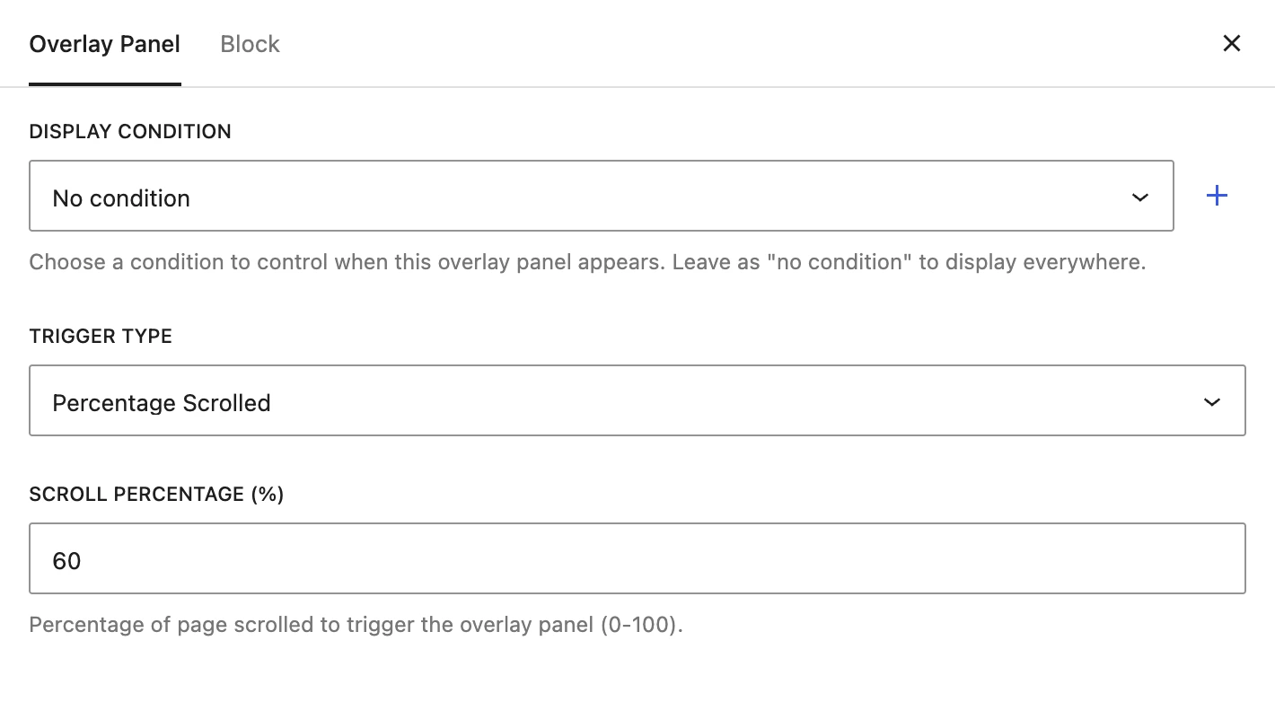 The newsletter popup’s Overlay Panel Options: it opens once 60% of the page is scrolled