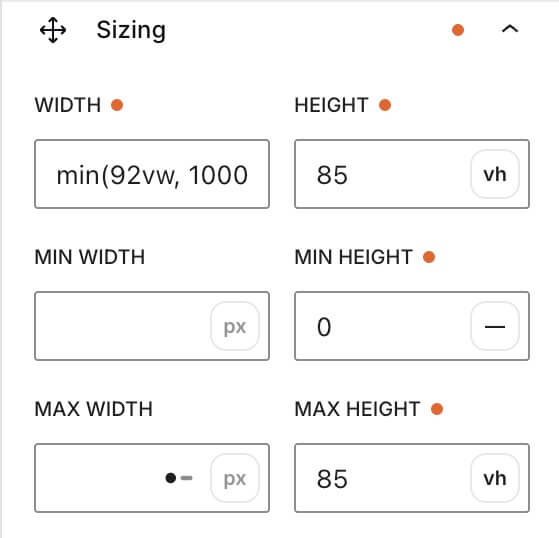 settings for overlay container