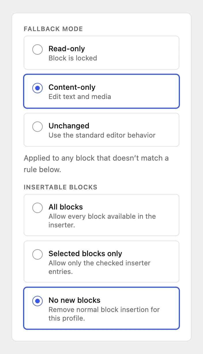 An access profile set to the Content-only fallback, with No new blocks selected