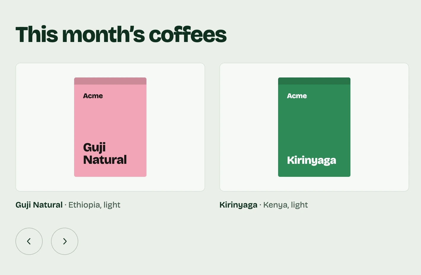 A Carousel block of Acme’s coffees on the page, the next slide running off the frame