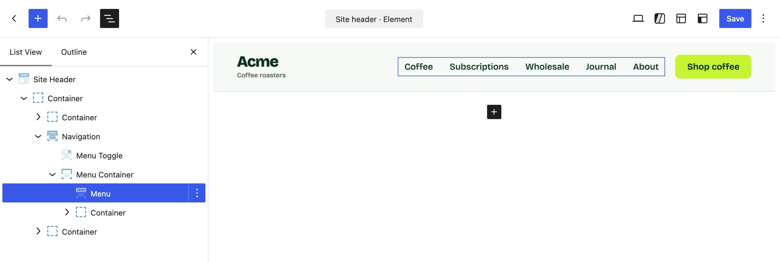 The Site Header Element in the block editor: List View on the left with the Menu block selected, Acme’s header on the canvas