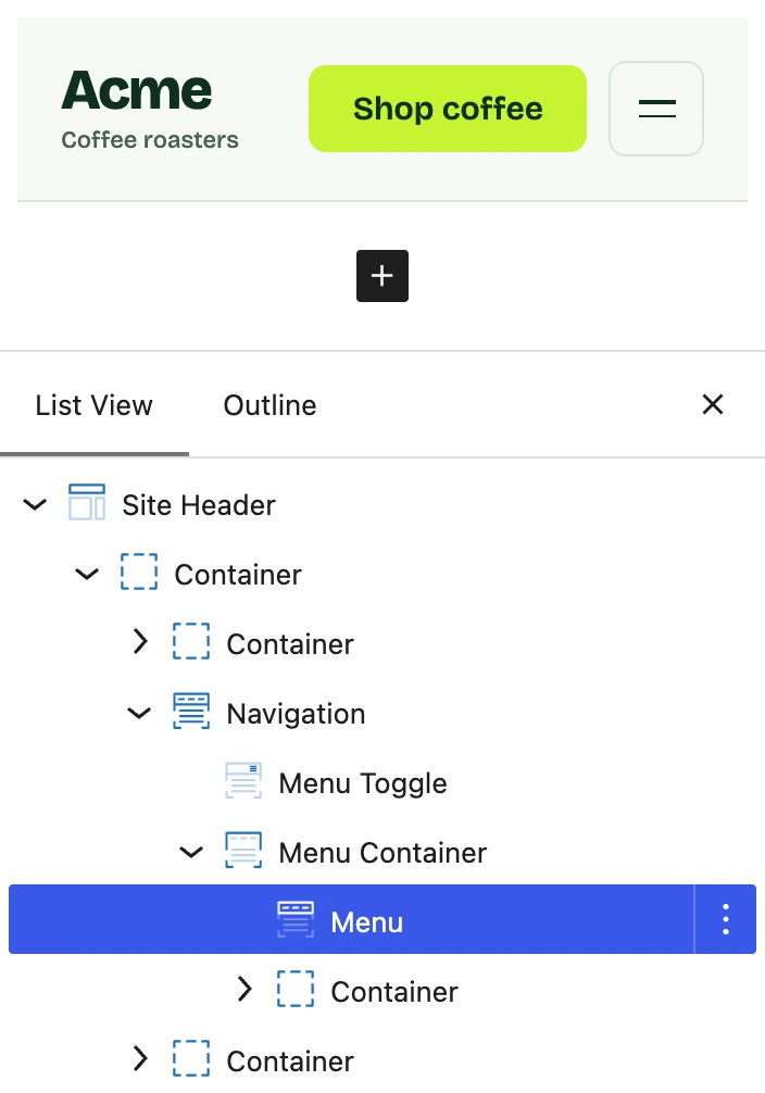 Acme’s site header on the editor canvas, with List View open and the Menu block selected