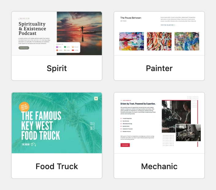 Four starter sites from the Site Library: Spirit, Painter, Food Truck and Mechanic