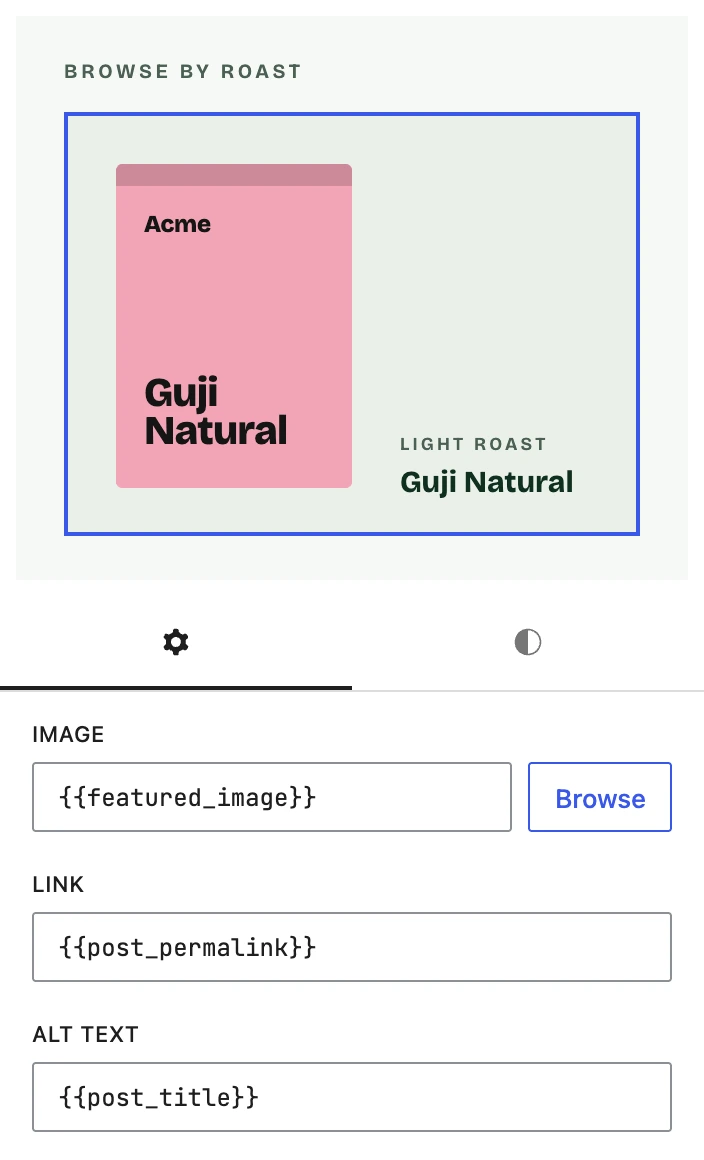 The first Coffees loop card selected, its Image block bound to the featured image