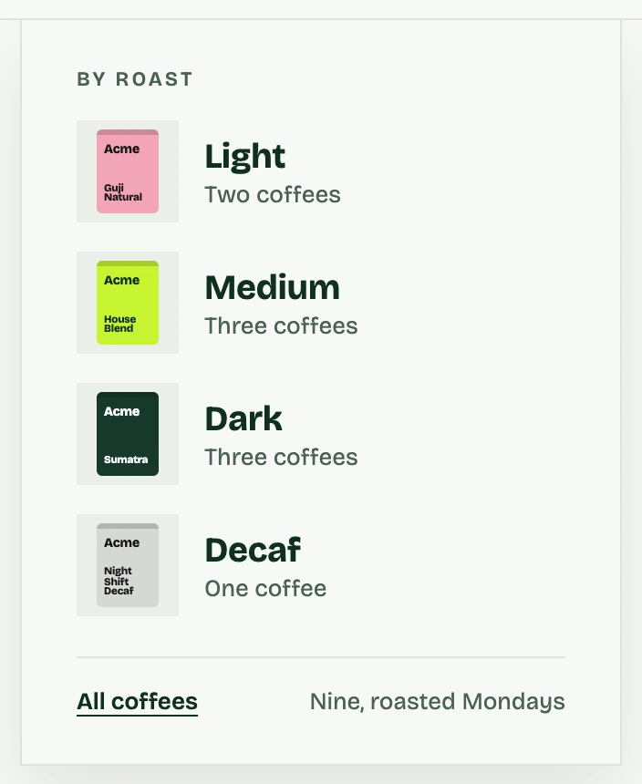 Acme’s Coffee menu open: an Overlay Panel listing Light, Medium, Dark and Decaf
