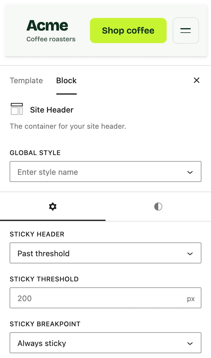 Acme’s docked header above the Site Header block’s sticky settings: Past threshold, 200px, Always sticky