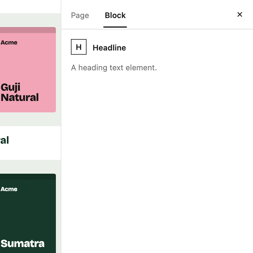 A content-only editor on Acme’s home page: the Block tab shows the block’s name and nothing to set