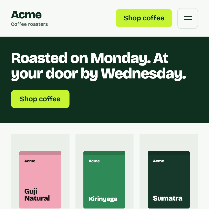 Acme’s header as the theme renders it: wordmark, Shop coffee, menu button, hero