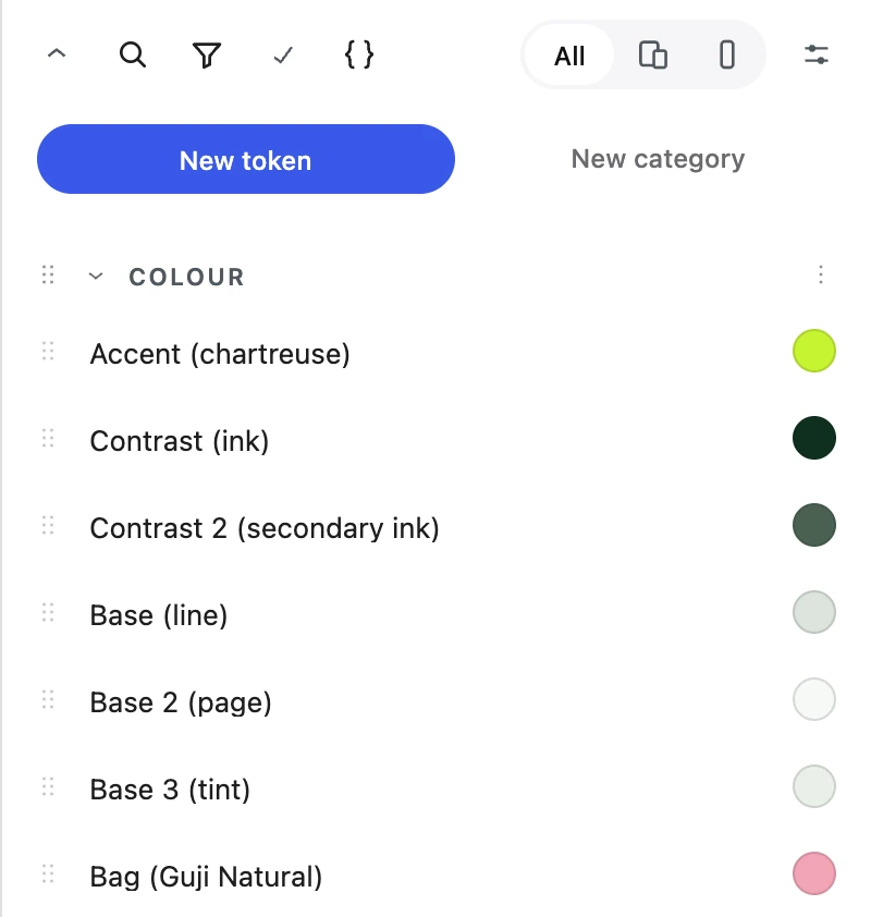 The token panel: Acme’s colour tokens with their swatches