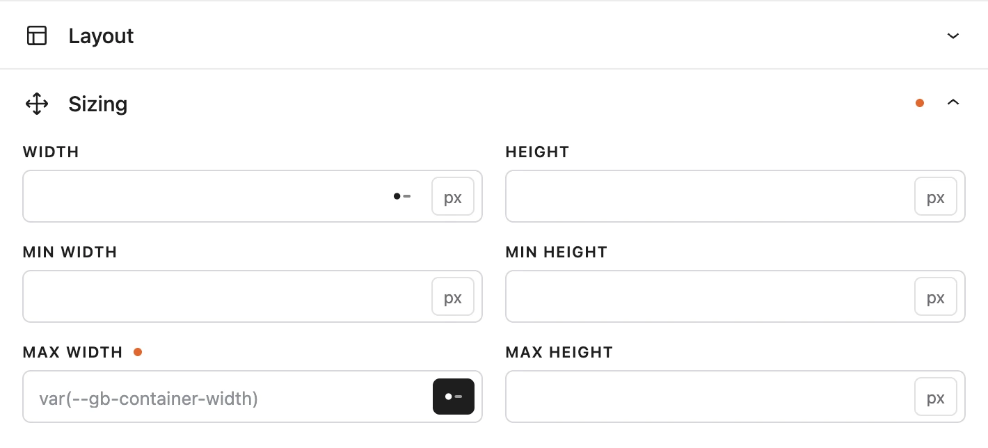The Sizing section: Max width bound to the container-width token